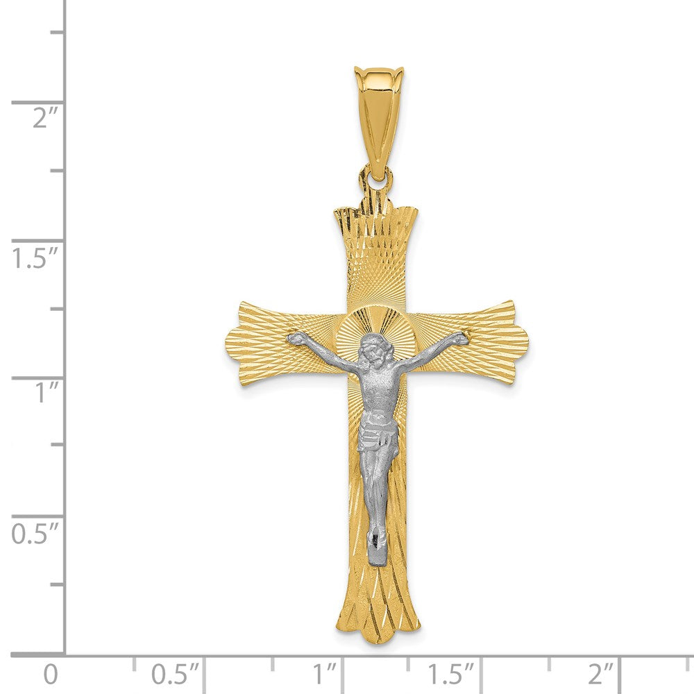 14K Bicolor-Gold Bicolor-Gold Polierter Satin Diamantiert Kruzifix Kreuz Anhänger