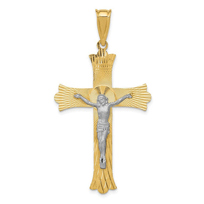 14K Bicolor-Gold Bicolor-Gold Polierter Satin Diamantiert Kruzifix Kreuz Anhänger