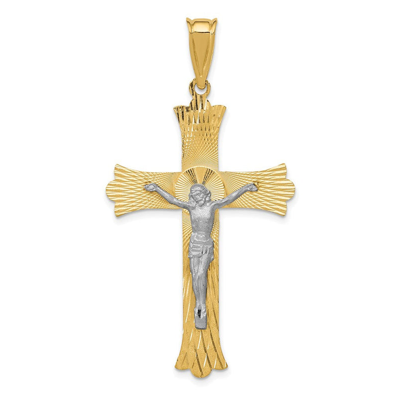 14K Bicolor-Gold Bicolor-Gold Polierter Satin Diamantiert Kruzifix Kreuz Anhänger