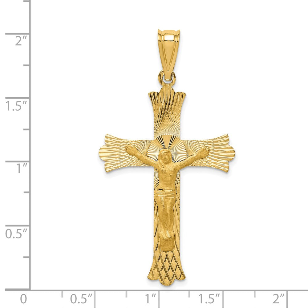 14K Gelbgold Poliertes Satiniertes und Diamantiertes Kruzifix-Anhänger