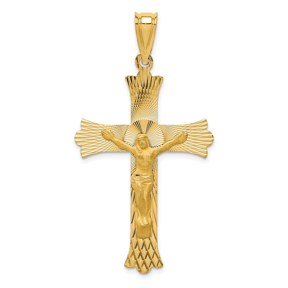 14K Gelbgold Poliertes Satiniertes und Diamantiertes Kruzifix-Anhänger