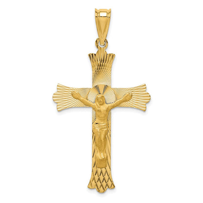 14K Gelbgold Poliertes Satiniertes und Diamantiertes Kruzifix-Anhänger