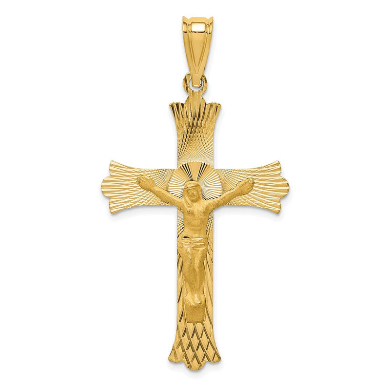 14K Gelbgold Poliertes Satiniertes und Diamantiertes Kruzifix-Anhänger