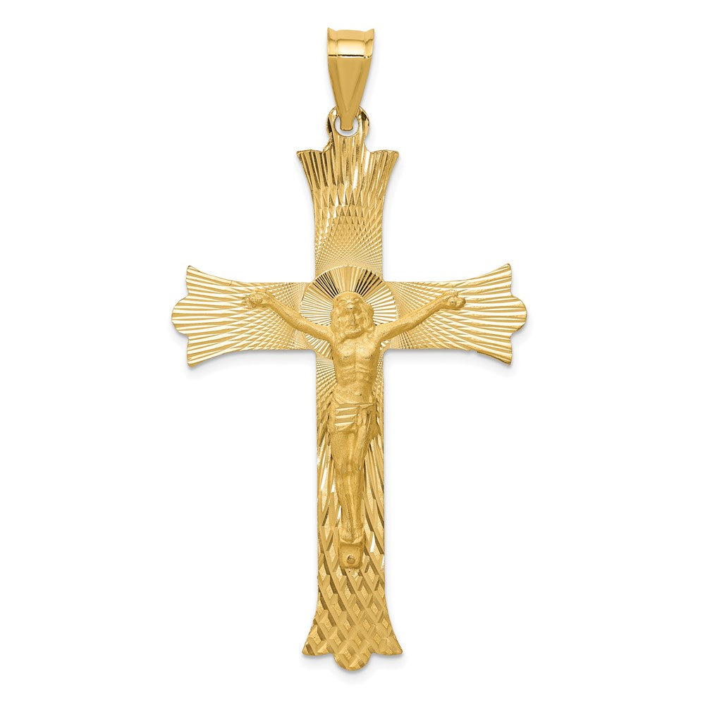 14K Gelbgold Polierter Satin- und Diamantschliff-Kruzifix-Kreuzanhänger