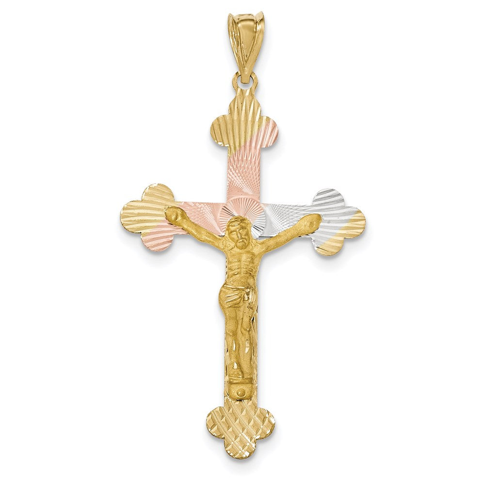 14K Gelbgold und Rhodium mit Rhodium-Kruzifix – Budenkreuz-Anhänger** Falls eine natürlichere Variante gewünscht ist: **Kruzifix-Anhänger „Budenkreuz“ aus 14K Gelbgold und Rhodium mit Rhodium