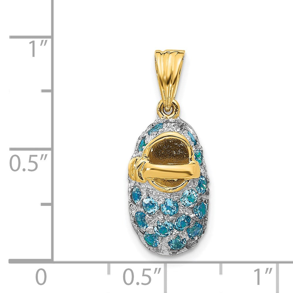 14 Karat Gelbgold und Rhodium mit Krappenfassung, Dezember/Blautopas Baby-Schuh-Charm