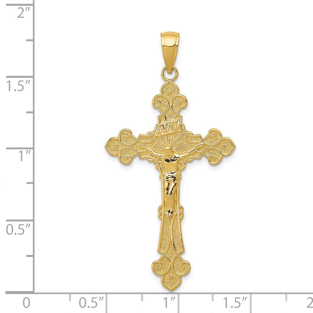14K Gelbgold Polierter Texturierter INRI-Kruzifix-Anhänger mit Fleur-de-Lis-Motiv