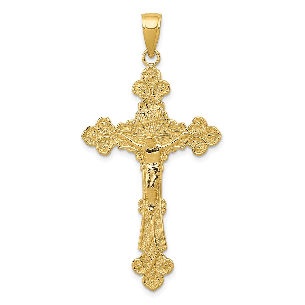 14K Gelbgold Polierter Texturierter INRI-Kruzifix-Anhänger mit Fleur-de-Lis-Motiv