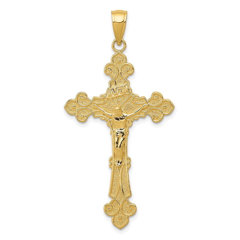 14K Gelbgold Polierter Texturierter INRI-Kruzifix-Anhänger mit Fleur-de-Lis-Motiv