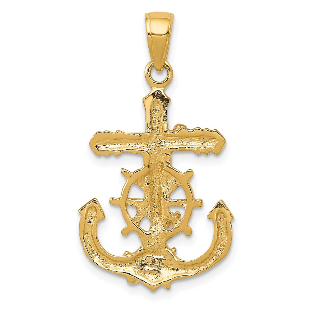 14K Gelbgold Poliert-strukturierter Kruzifix-Anhänger im Marine-Kordel-/Radmuster