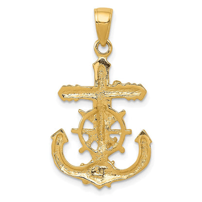 14K Gelbgold Poliert-strukturierter Kruzifix-Anhänger im Marine-Kordel-/Radmuster