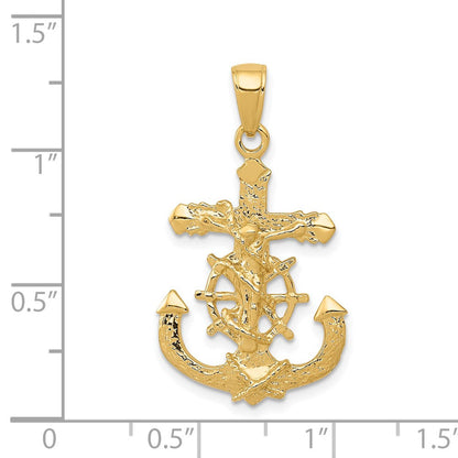 14K Gelbgold Poliert-strukturierter Kruzifix-Anhänger im Marine-Kordel-/Radmuster