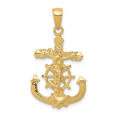 14K Gelbgold Poliert-strukturierter Kruzifix-Anhänger im Marine-Kordel-/Radmuster