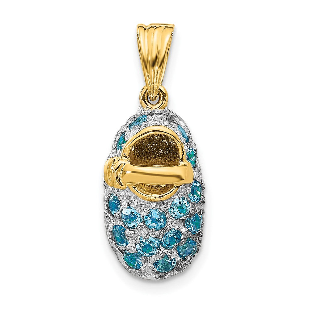 14 Karat Gelbgold und Rhodium mit Krappenfassung, Dezember/Blautopas Baby-Schuh-Charm