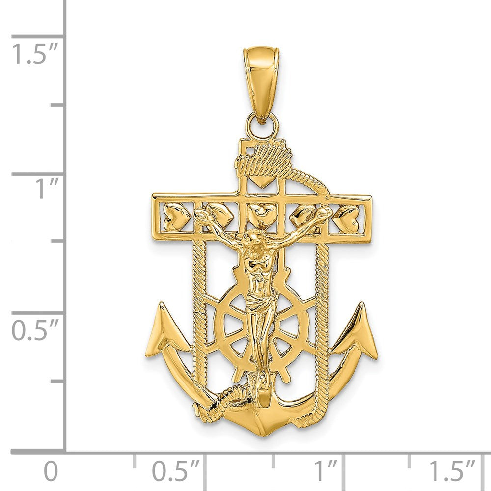 14K Gelbgold Polierter Strukturierter Marine-Kruzifix-Anhänger