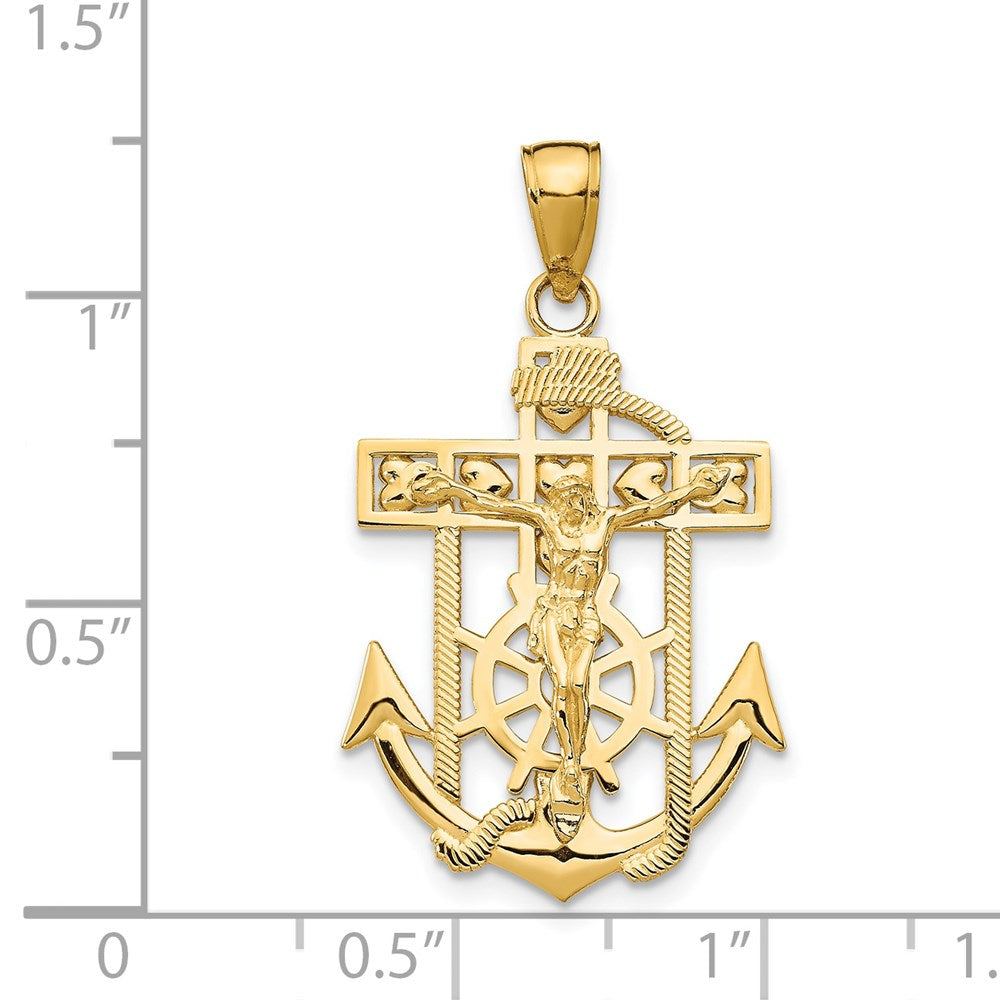 14K Gelbgold Poliertes Strukturiertes Mini-Marinerkreuz-Kruzifix-Anhänger