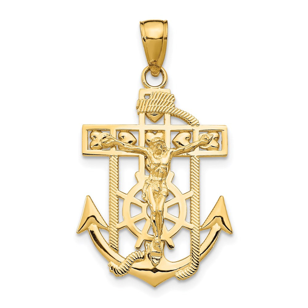 14K Gelbgold Poliertes Strukturiertes Mini-Marinerkreuz-Kruzifix-Anhänger