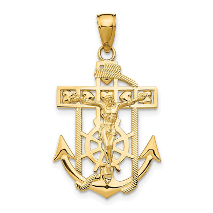 14K Gelbgold Poliertes Strukturiertes Mini-Marinerkreuz-Kruzifix-Anhänger