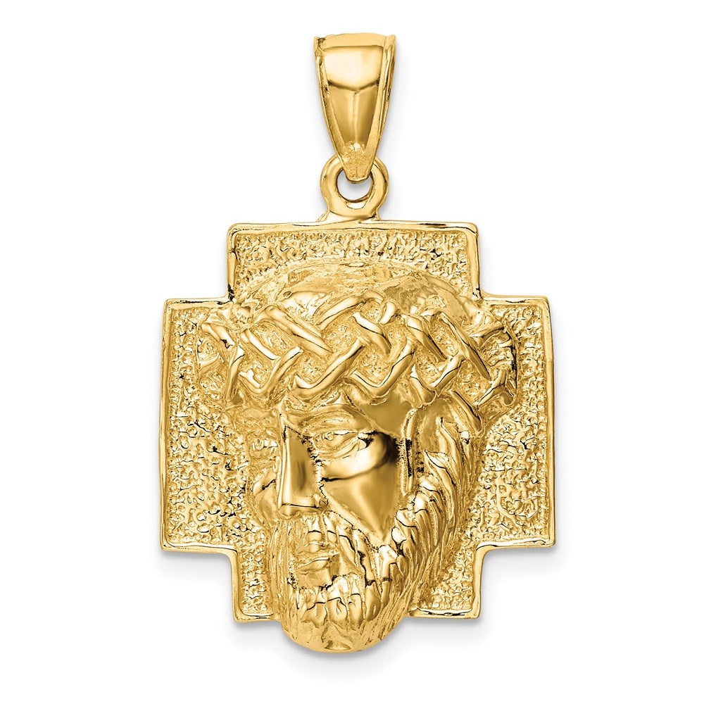 14K Gelbgold Großer Polierter Jesuskopf mit Dornenkrone Anhänger