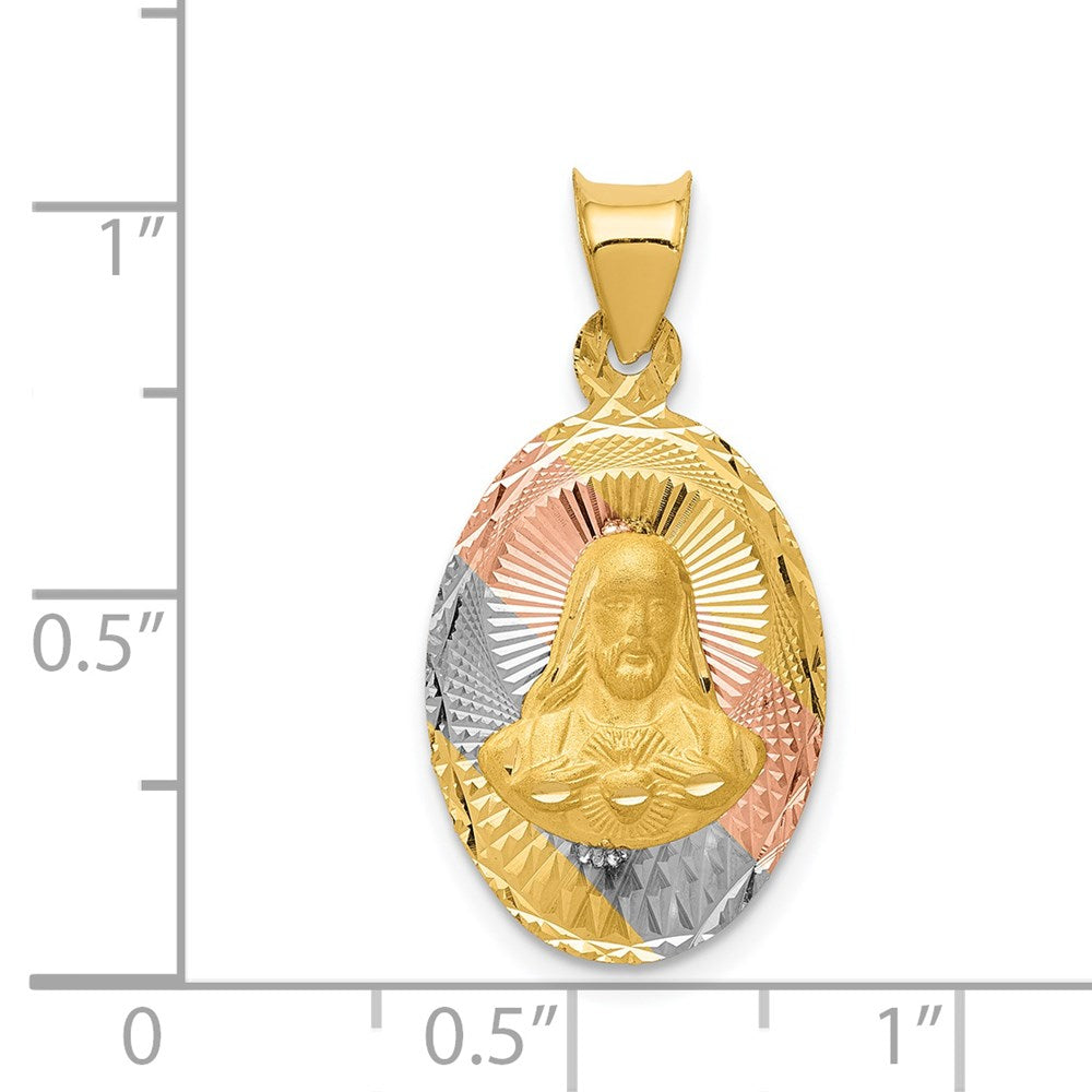 14K Gelb & Rhodium mit Rose und Weiß Diamantiert Sagrado Corazon Oval Anhänger