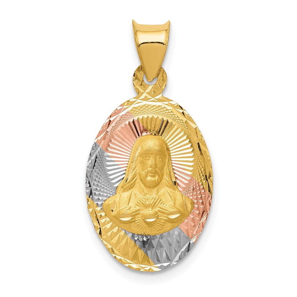 14K Gelb & Rhodium mit Rose und Weiß Diamantiert Sagrado Corazon Oval Anhänger