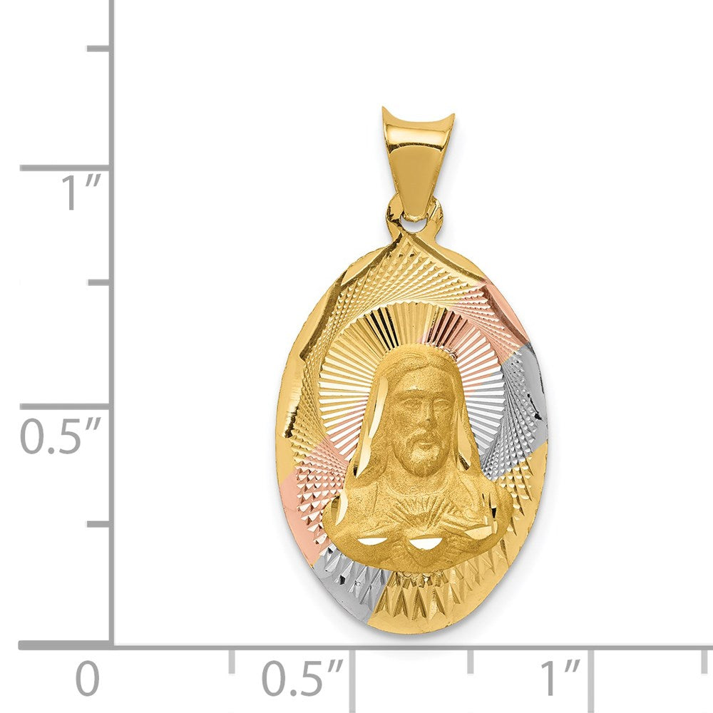 14K Gelb- und Rhodiumgold ovaler Sagrado-Corazon-Anhänger mit Rosé- und Weißrhodium, diamantiert