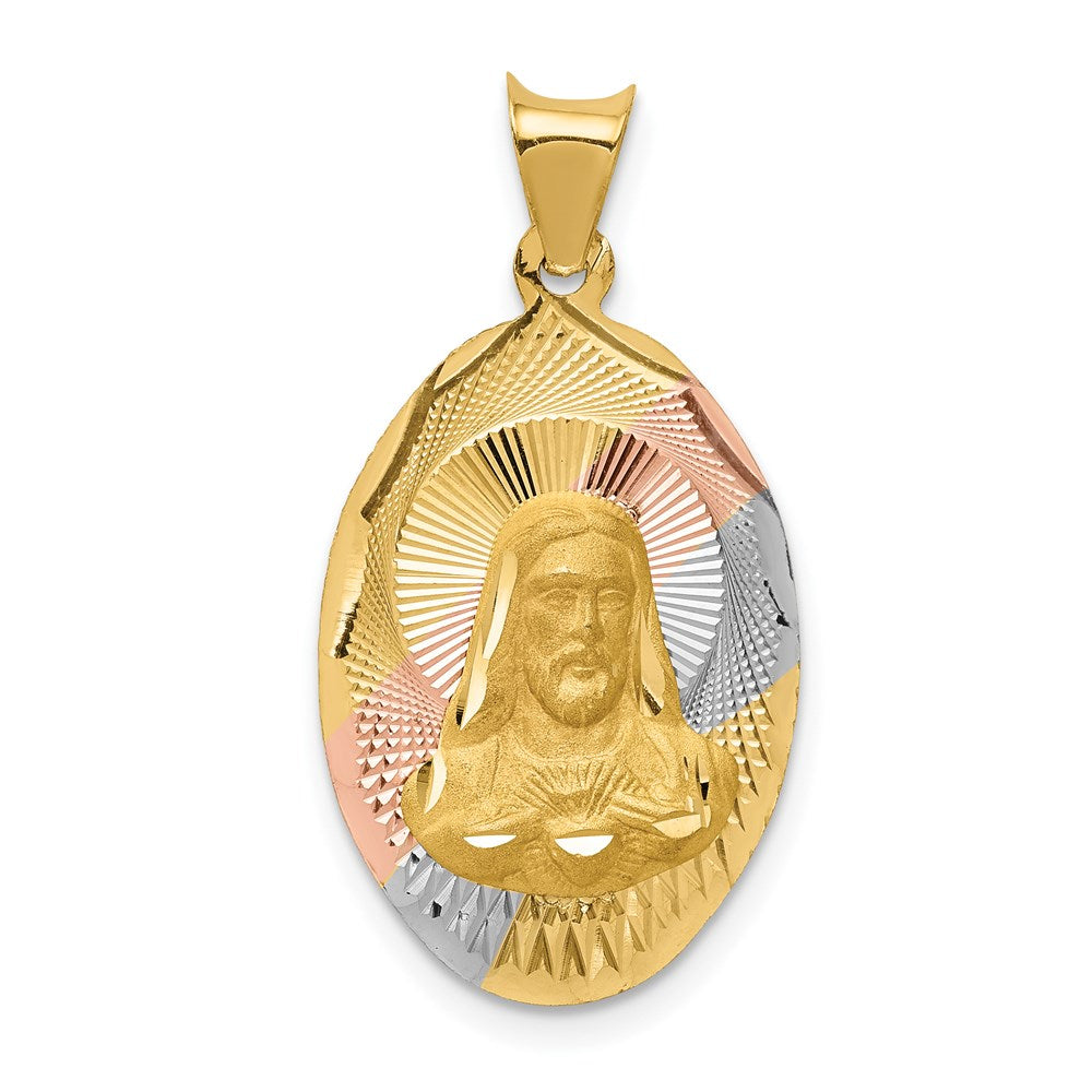 14K Gelb- und Rhodiumgold ovaler Sagrado-Corazon-Anhänger mit Rosé- und Weißrhodium, diamantiert