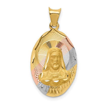14K Gelb- und Rhodiumgold ovaler Sagrado-Corazon-Anhänger mit Rosé- und Weißrhodium, diamantiert