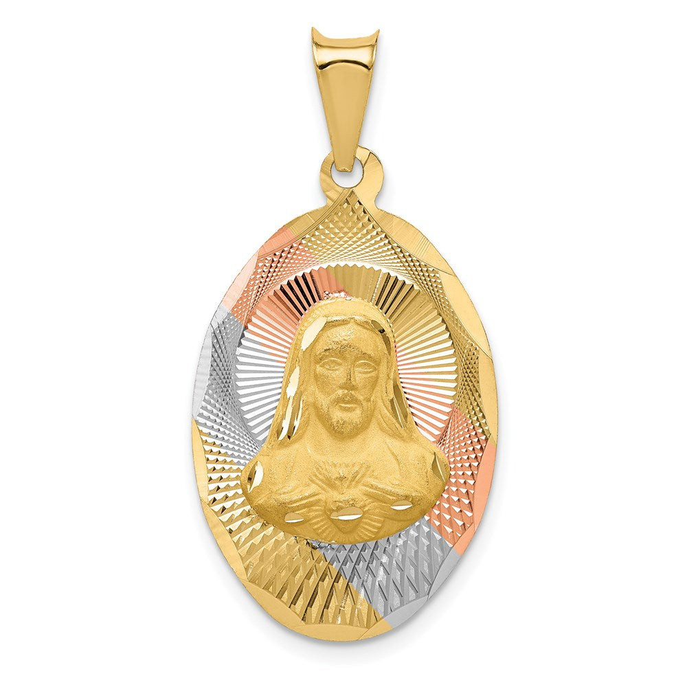 14K Gelb- und Rhodiumgold Diamantierter Sagrado Corazón Oval-Anhänger mit Rosé- und Weißrhodium