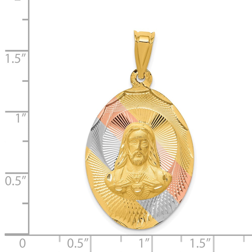 14k Yellow & Rhodium Gold w/Rose and White Rhodium D/C Sagrado Corazon Oval Pendant