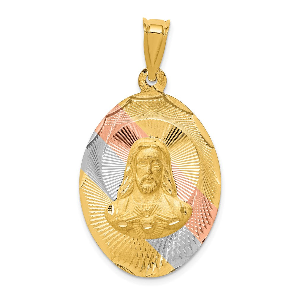 14k Yellow & Rhodium Gold w/Rose and White Rhodium D/C Sagrado Corazon Oval Pendant