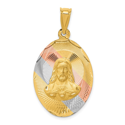 14k Yellow & Rhodium Gold w/Rose and White Rhodium D/C Sagrado Corazon Oval Pendant
