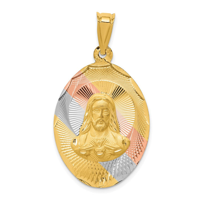 14k Yellow & Rhodium Gold w/Rose and White Rhodium D/C Sagrado Corazon Oval Pendant