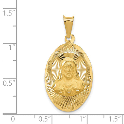 14K Gelbgold Polierter Diamantierter Sagrado Corazón Ovaler Anhänger