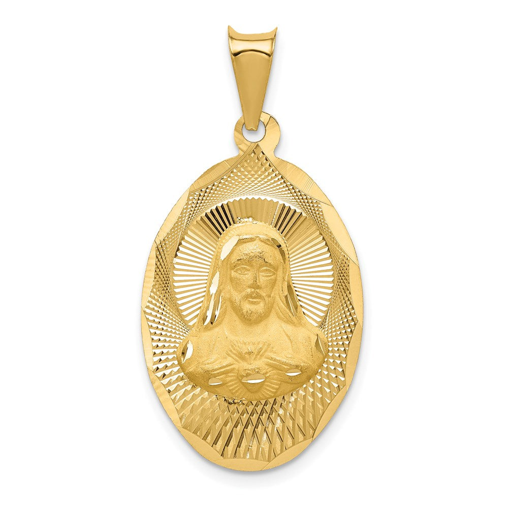 14K Gelbgold Polierter Diamantierter Sagrado Corazón Ovaler Anhänger