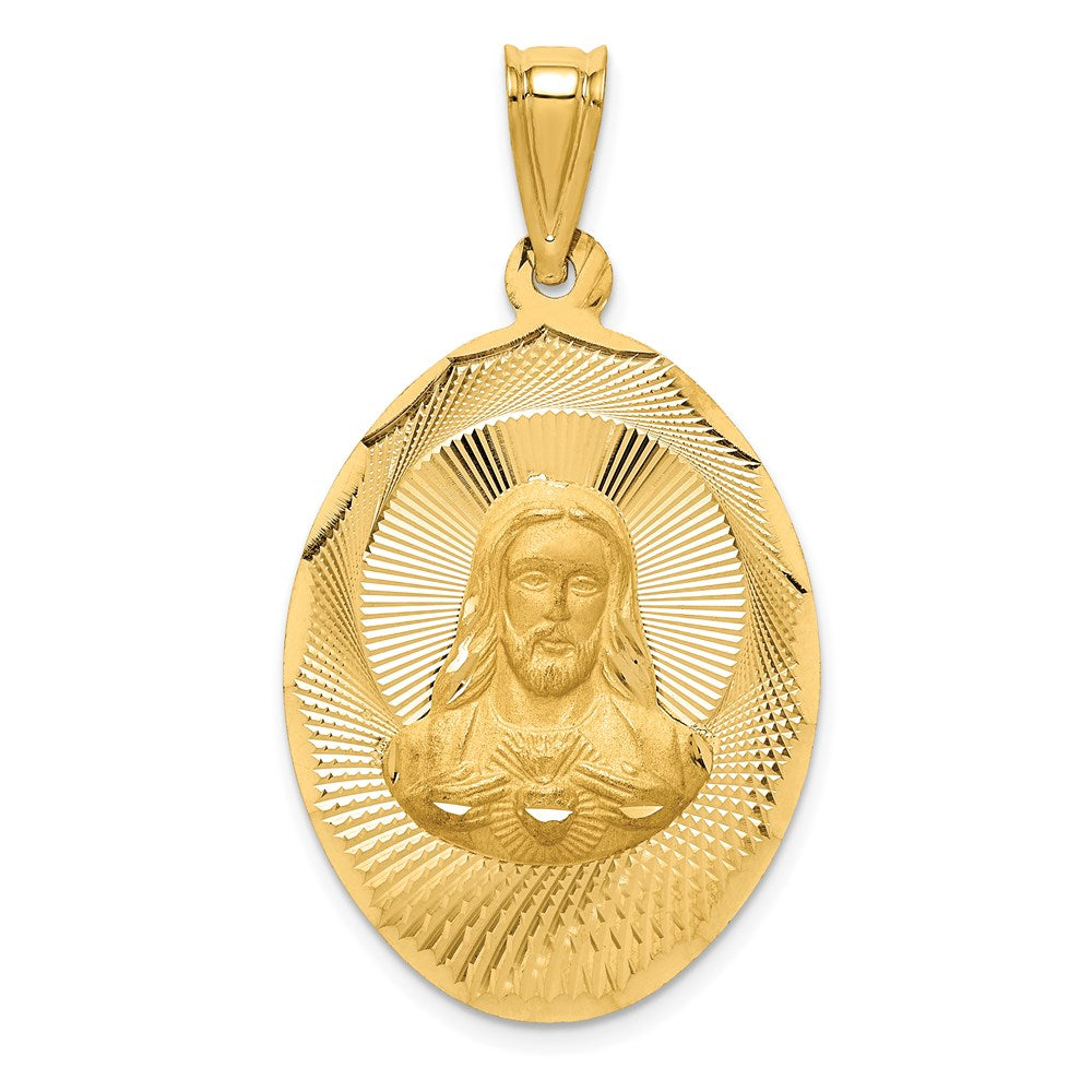 14K Gelbgold Poliert Diamantiert Sagrado Corazón Oval-Anhänger