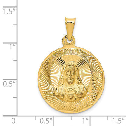 14K Gelbgold polierter diamantierter Sagrado-Corazón-Kreisanhänger