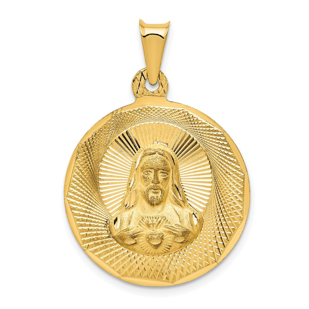 14K Gelbgold polierter diamantierter Sagrado-Corazón-Kreisanhänger