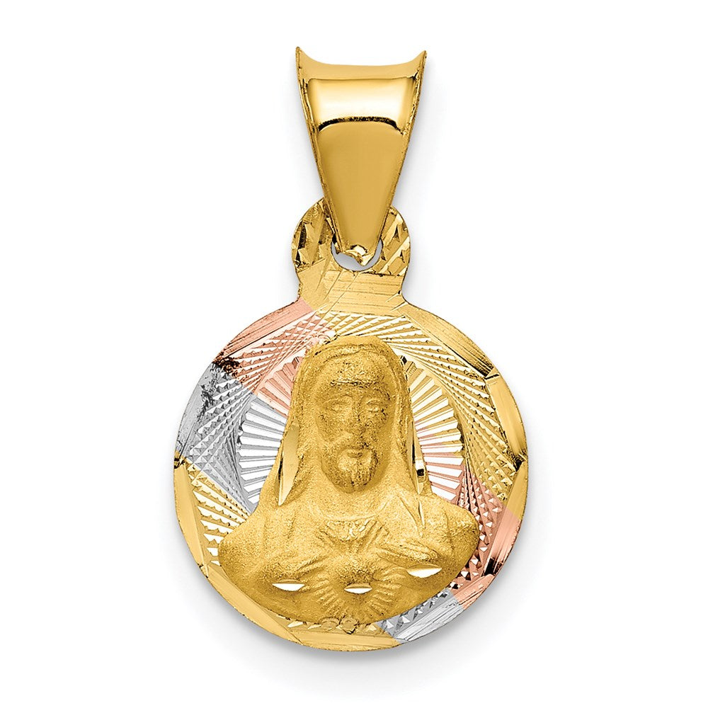 14K Gelb & Rhodium mit Rose und Weiß Diamantiert Sagrado Corazon Anhänger