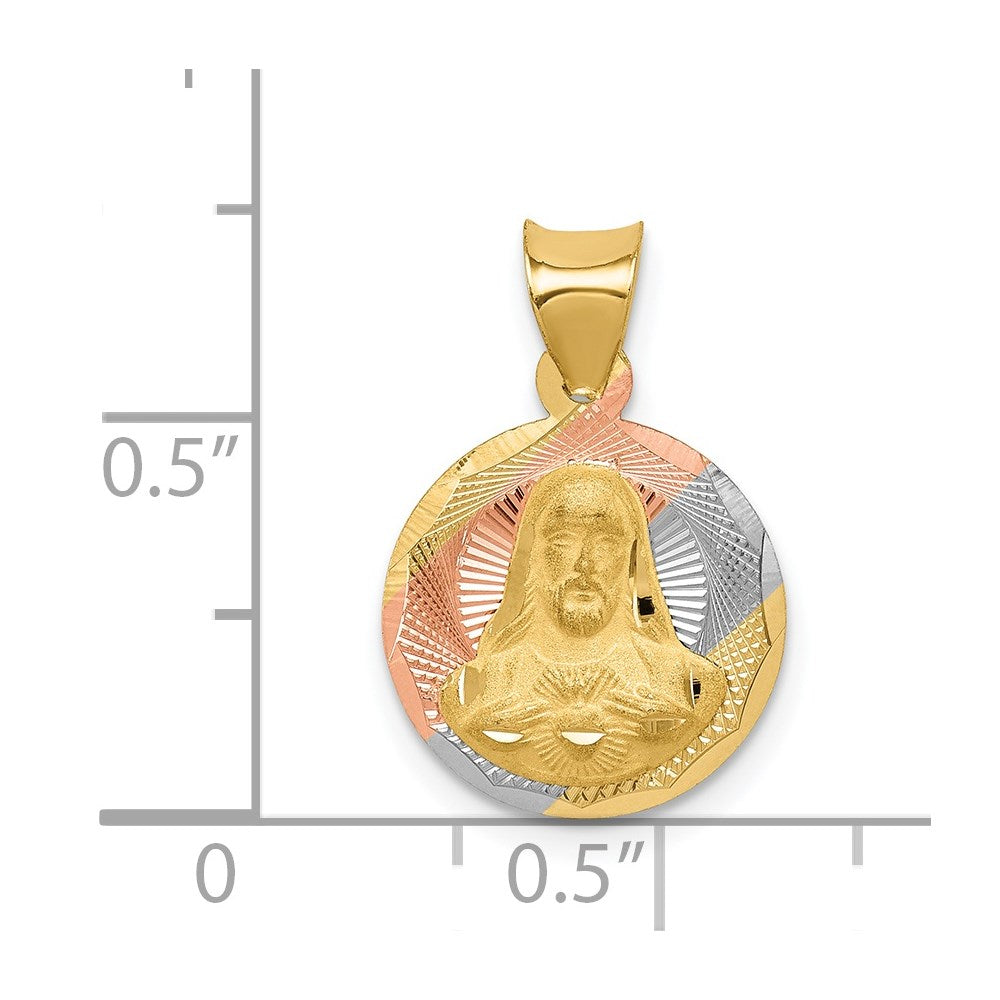 14K Gelb & Rhodium mit Rose und Weiß Diamantiert Sagrado Corazon Anhänger