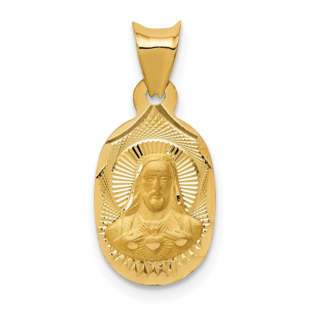 14K Gelbgold Poliert Diamantiert Sagrado Corazon Oval Anhänger
