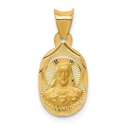 14K Gelbgold Poliert Diamantiert Sagrado Corazon Oval Anhänger