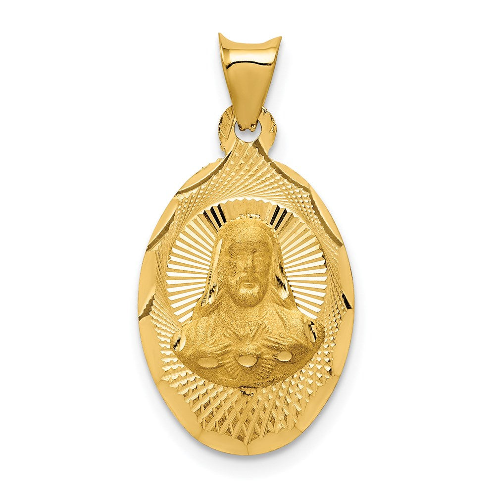 14K Gelbgold Poliert Diamantiert Sagrado Corazon Oval Anhänger