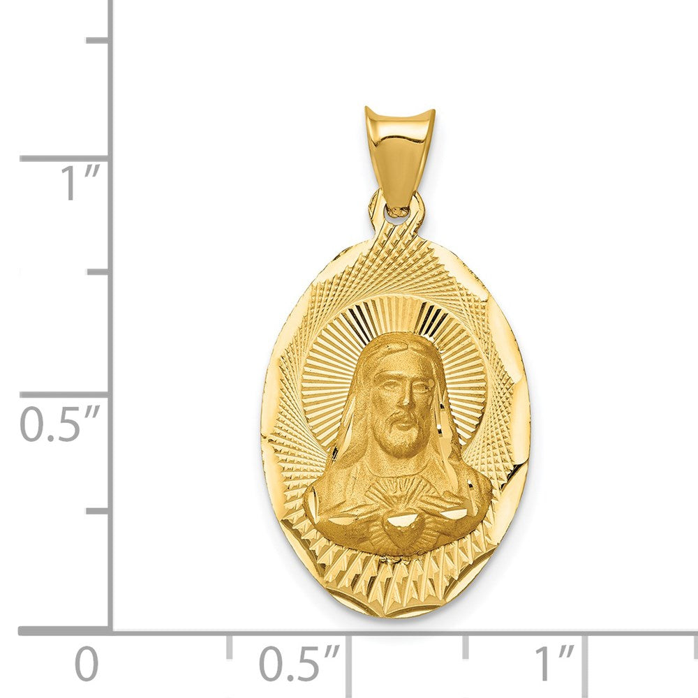14K Gelbgold Poliertes Diamantiertes Sagrado Corazón Oval-Anhänger