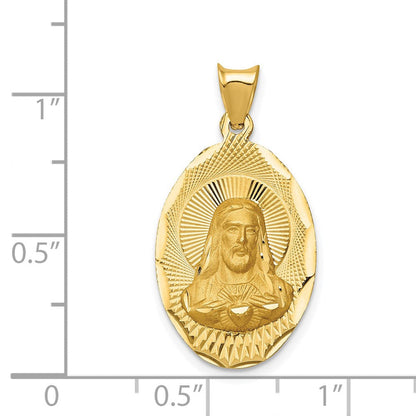 14K Gelbgold Poliertes Diamantiertes Sagrado Corazón Oval-Anhänger