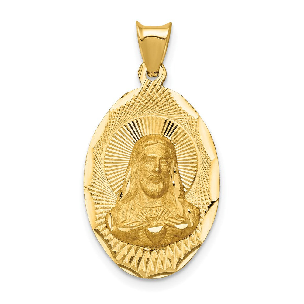 14K Gelbgold Poliertes Diamantiertes Sagrado Corazón Oval-Anhänger