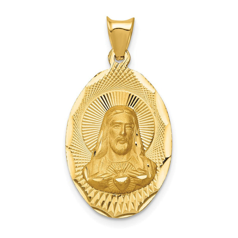 14K Gelbgold Poliertes Diamantiertes Sagrado Corazón Oval-Anhänger