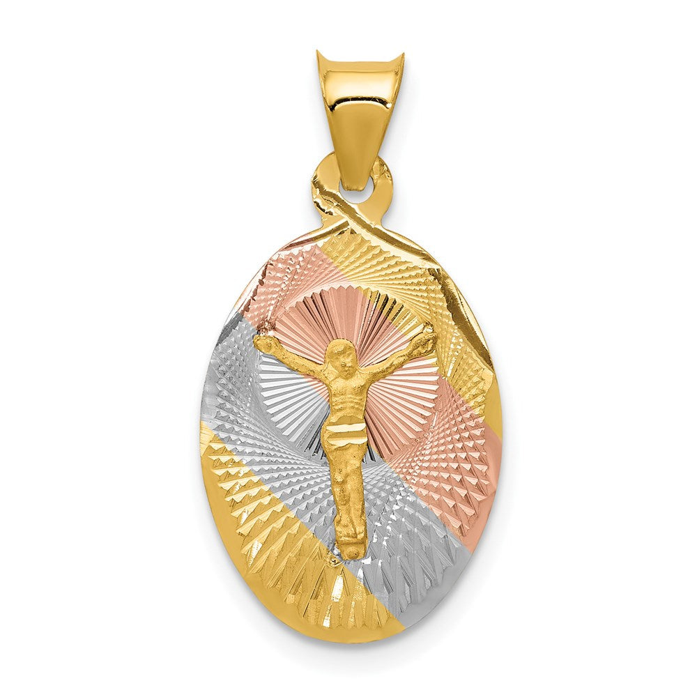 14K Gelb & Rhodium mit Rose und Weiß Diamantiert Corpus Oval Anhänger