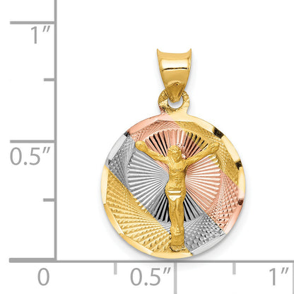 14K Gelb & Rhodium mit Rose und Weiß Diamantiert Corpus Kreis Anhänger