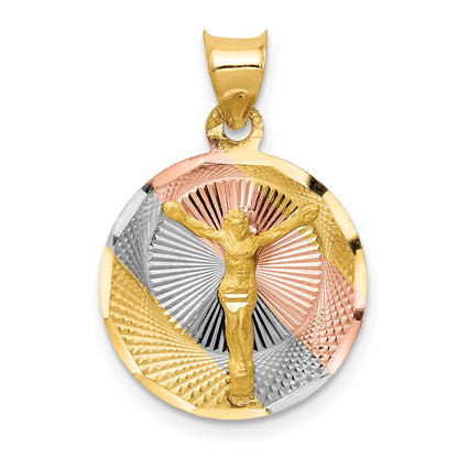 14K Gelb & Rhodium mit Rose und Weiß Diamantiert Corpus Kreis Anhänger